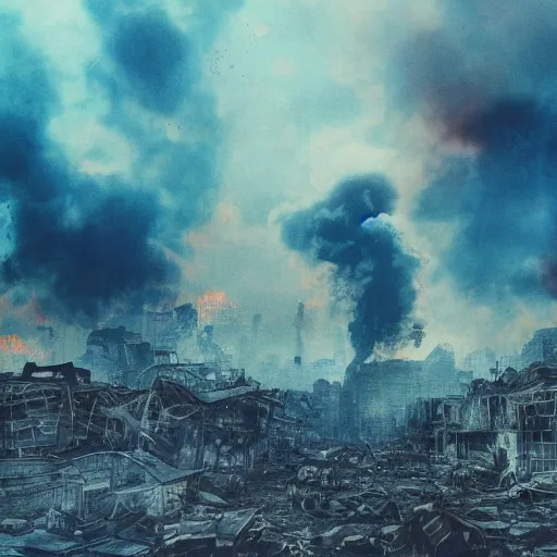 Image similar to destroyed city, dystopian, war, real, thick vivid blue smoke, red clouds, detailed, award winning, masterpiece