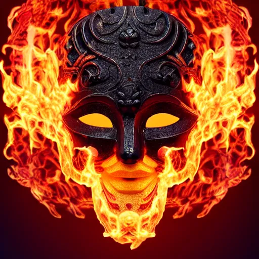 Image similar to an elaborate intricate mask made of flames on an obsidian slab, rendered in octane, behance hd, bokeh obsidian backdrop