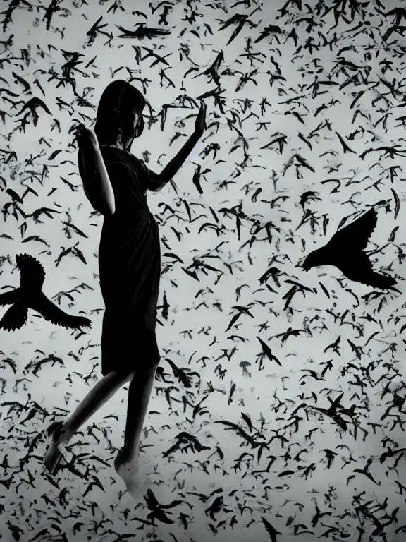 Image similar to portrait of iconic beautiful woman in sophisticated black dress keeping in hands white birds that flying apart turning to smoke and fire and dust. chaotic maximalistic surreal composition, 35mm double-exposure photo, thick fog, daylight, deep shadows, depth of field, cinematic lightning, wide angel, eerie atmosphere, motion blur, HD, smooth and very detailed quality, masterpiece, volumetric lightning, chromatic aberration, Richard Avedon, style of Ade Santora, Tatiana Gorilovsky, cinematic composition, occult, german expressionism, masterpiece, intricate detailed, deep rich palette, wide angel shot