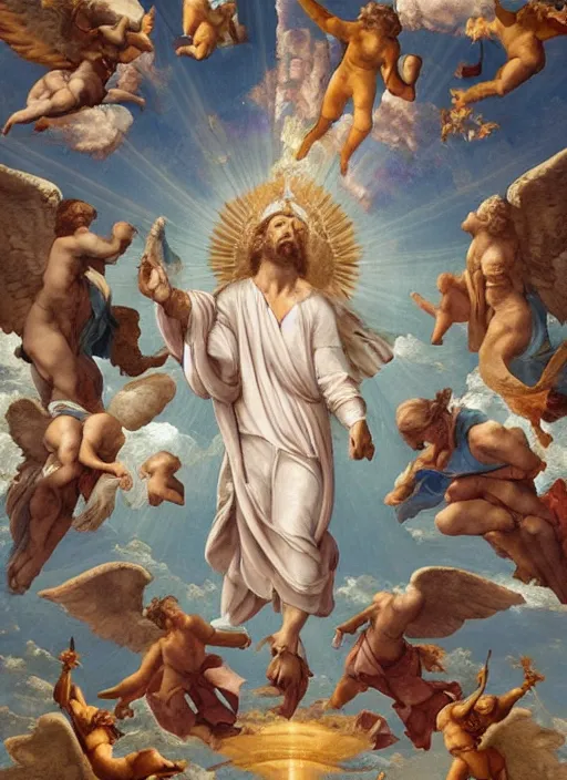 Prompt: A beautiful fresco portrait of our Lord and saviour Bernie Sanders in robes as God by Michelangelo, golden rays, clouds and Alexandria Ocasio-Cortez as a cherub with wings, greg rutkowski, thomas kinkade, glorious, shining,