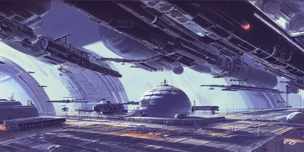 Prompt: highly detailed matte painting space station cargo bay, ships, hangar, pipes, industrial by syd mead and john berkley, john harris. concept art, environment art