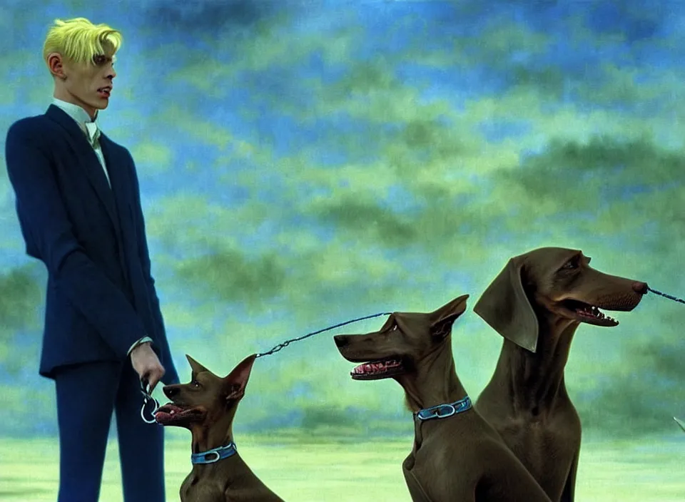 Image similar to realistic detailed portrait movie shot of an elegant blond male vampire with a barking doberman on a leash, sci fi landscape background by denis villeneuve, amano, yves tanguy, alphonse mucha, max ernst, roger dean, masterpiece, rich cold moody colours, dog teeth, blue eyes