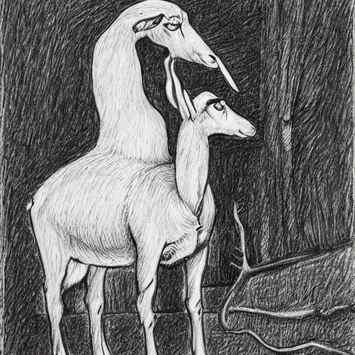 Prompt: a black and white drawing of a goat, an etching by austin osman spare, cg society, massurrealism, grotesque, surrealist, ink drawing
