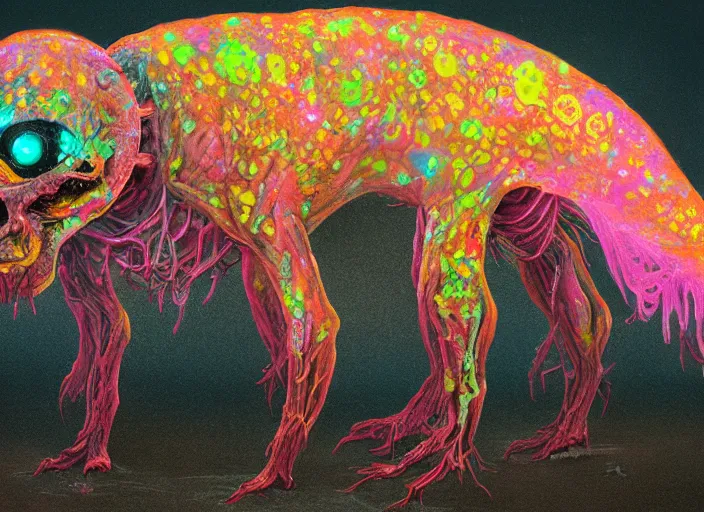 Prompt: detailed full body concept art illustrated colorful bioluminescence pastel painting of a nightmare Chernobyl mutated animal in full intricate detail, ultra detailed, digital art, octane render, 4K, dystopian, micro details