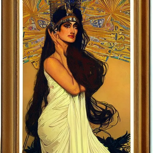 Image similar to a portrait of Penelope Cruz as a egyptian queen by Mucha.