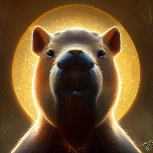 Image similar to capybara surrounded by sacred geometry made from elven architecture, gorgeous, powerful, cinematic, beautifully lit, by artgerm, by karol bak, 3 d, trending on artstation, octane render