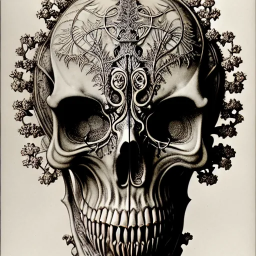 Image similar to art forms of nature by ernst haeckel, memento mori by arthur rackham, ornate antique porcelain beautiful skull mask, ultrasharp, photorealistic, hyperdetailed, octane render, polished, art nouveau, neo - gothic, gothic, intricate ornamental organic filigree, art nouveau botanicals, art forms of nature by ernst haeckel, horizontal symmetry, symbolist, visionary