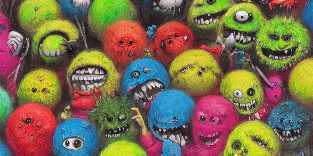 Prompt: tennis ball monsters, parade, theme park, digital art, fantasy, magic, chalk, chalked, trending on artstation, ultra detailed, detailed, fine details, professional illustration by basil gogos