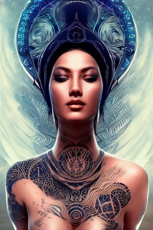 Prompt: a centered render of an alluring futuristic goddess with tribal tattoos surrounded by a underwater ink pour and flowing liquid gallium and sacred geometry, perfect body and face, powerful, cinematic, beautifully lit, by artgerm, by karol bak, 3 d, trending on artstation, octane render, 8 k