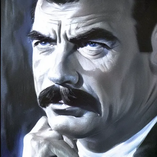 Image similar to ultra realistic portrait painting of tom selleck, art by frank frazetta, 4 k, ultra realistic, highly detailed, epic lighting