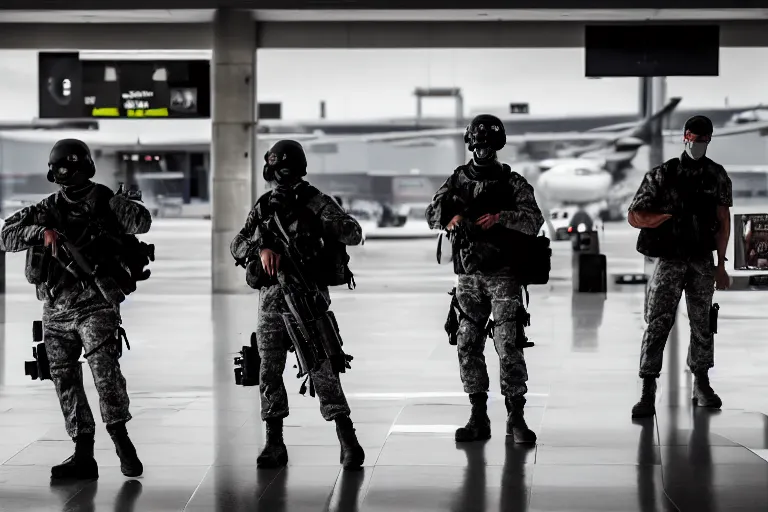 Image similar to Mercenary Special Forces soldiers in grey uniforms with black armored vest and black helmets fighting inside an airport in 2022, Canon EOS R3, f/1.4, ISO 200, 1/160s, 8K, RAW, unedited, symmetrical balance, in-frame, combat photography