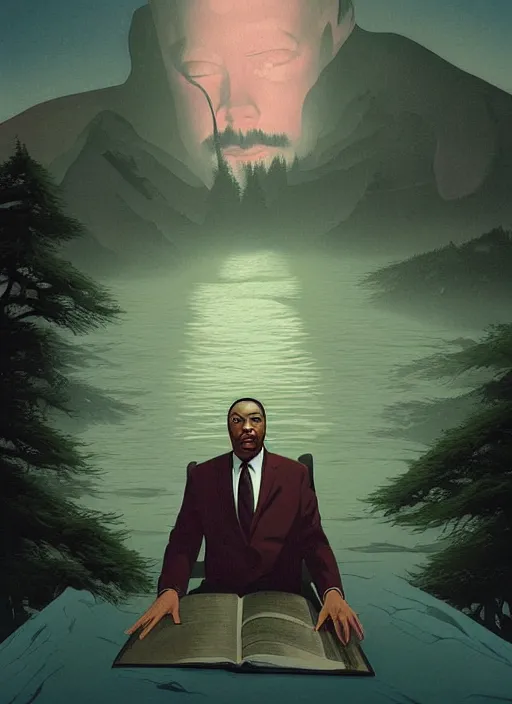 Prompt: Twin Peaks poster artwork by Michael Whelan and Tomer Hanuka, Rendering of portrait of Martin Luther King Jr!!!!!!!, full of details, by Makoto Shinkai and thomas kinkade, Matte painting, trending on artstation and unreal engine