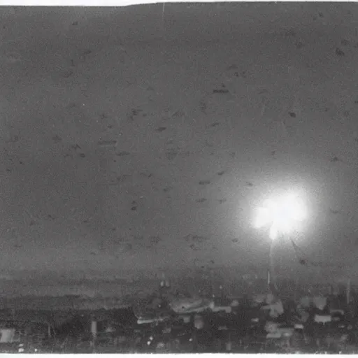 Prompt: grainy 1800s photo of a dirigible airship firing a huge ray gun at a city below