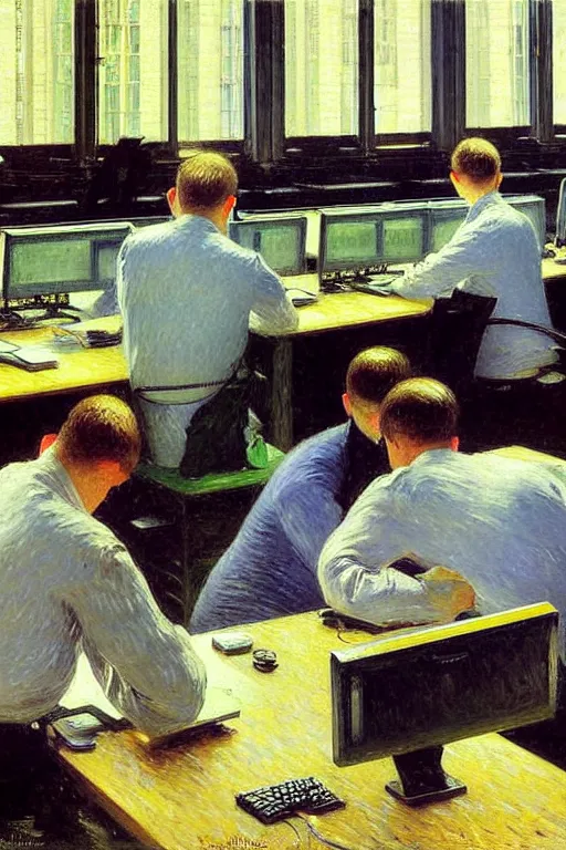 Image similar to oil painting highly detailed computer workers in office painted by gustave caillebotte, impressionism