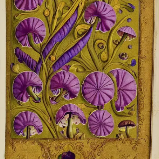 Image similar to illuminated manuscript of purple mushrooms with gold leaf in the style of Maria Sibylla Merian, extremely detailed, 8k