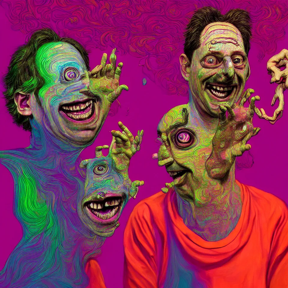 Image similar to happy and funny psychedelic best friends todd solondz tripping on lsd, laughing, diffuse lighting, fantasy, intricate, elegant, highly detailed, lifelike, photorealistic, digital painting, artstation, illustration, concept art, smooth, sharp focus, art by francis bacon