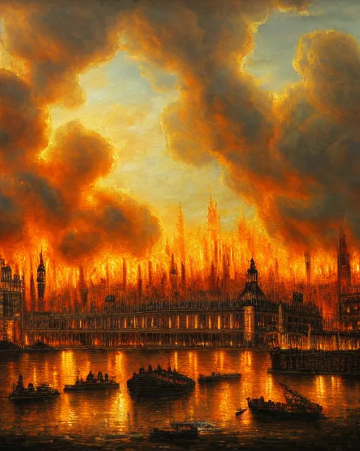 Image similar to oil painting landscape great fire of london, high production value, intricate details, high resolution, hdr, high definition, masterpiece, realistic, ultrarealistic, highly detailed, hd, sharp focus, non blurry, sharp, smooth