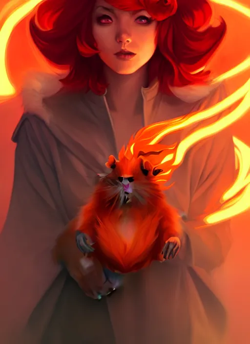 Image similar to style artgerm, joshua middleton, illustration, anthropomorphic hamster wearing orange pelt light armor, anime eyes, red hair, swirling fire flames cosmos, fantasy, dnd, cinematic lighting