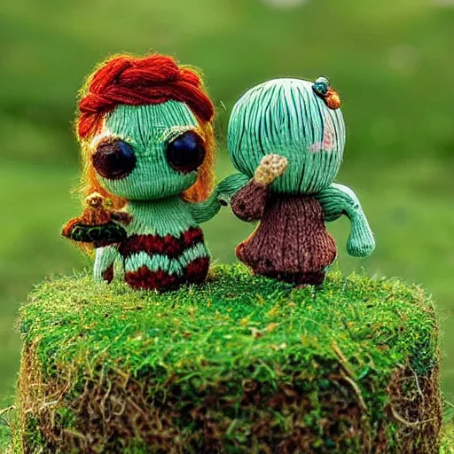 Image similar to a couple of small figurines sitting on top of a lush green field, a tilt shift photo by alexander jansson, featured on deviantart, fantasy art, made of beads and yarn, psychedelic, whimsical