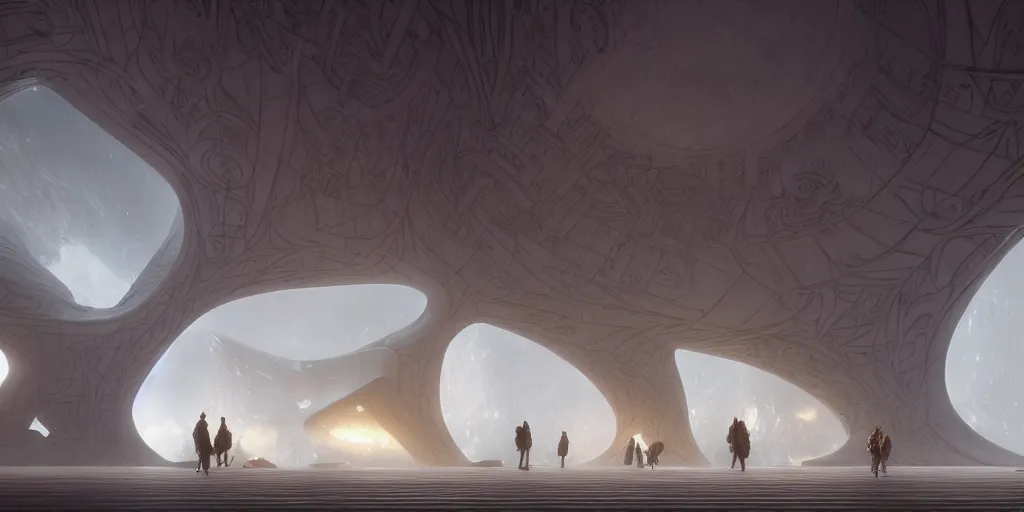 Prompt: the inside of a monument with norse motifs, by tim blandin and arthur haas and bruce pennington and john schoenherr, big windows architecture by zaha hadid, octane render, warm colour scheme, white, cinematic, scenery, cgsociety, modernism, futuristic, trending on artstation, sci - fi, high detail, high quality, close up angle, people walking