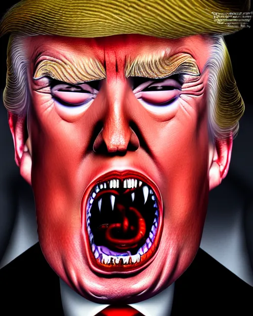 Image similar to donald trump as dracula with fangs out, character portrait, close up, concept art, intricate details, hyperrealism, photorealistic, in the style of otto dix and h. r giger