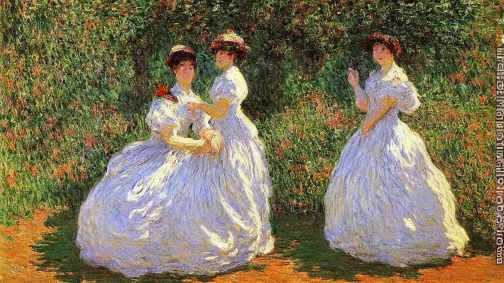 Image similar to a portrait of two women!!! who are lovers!! by Claude Monet!!! in french gardens! oil painting, romantic