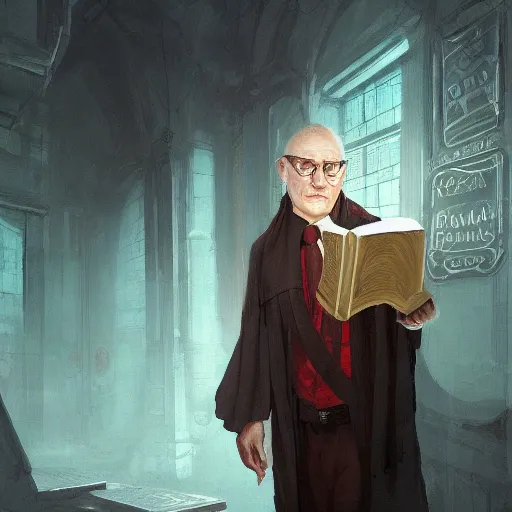 Image similar to My Favorite Portrait of a lawyer genius academician wearing a grimoire in his holding hand whilst wearing a vest of scholarship Greg Rutkowski Marc Simonetti Anato finnstark Brooklyn New York Hidden Stairway Hidden Alcove Visible Alleyway 4k Artstation Background Wallpaper 1080p