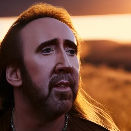 Image similar to Nicolas Cage with golden hair riding into the sunset, golden hour, heavenly lighting, dramatic