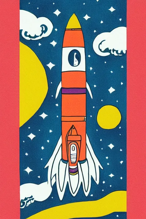 Image similar to mcbess illustration of a rocket ship , rainbow gouache