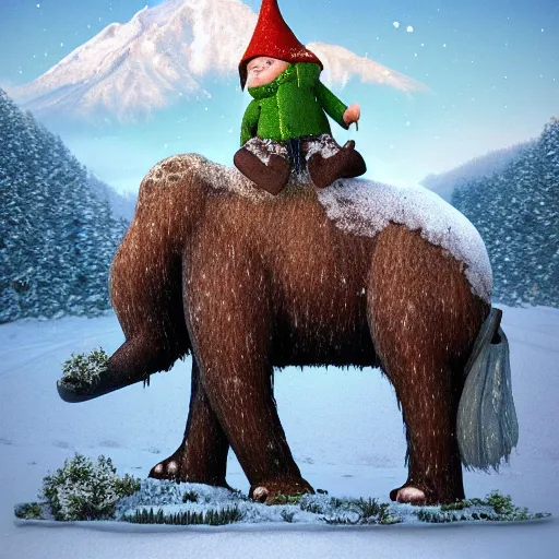 Prompt: A small gnome riding on a huge Mammoth in a snowy landscape, photorealistic