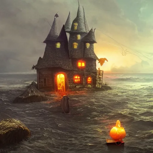 Image similar to a scary witch on a broom in front of a witch house which is made out of candy, floating on the ocean, epic scene, fantasy, cinematic, hyper - detailed, in the style of greg rutkowski