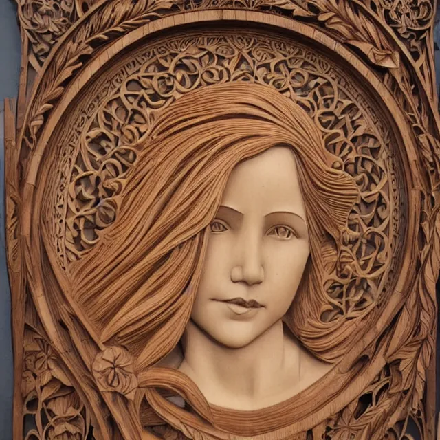 Image similar to a 3 d bas - relief wooden art nouveau carved sculpture of a young molly ringwald with long hair blowing in the wind, in front of a delicate tracery pattern, intricate and highly detailed, well - lit, ornate, realistic