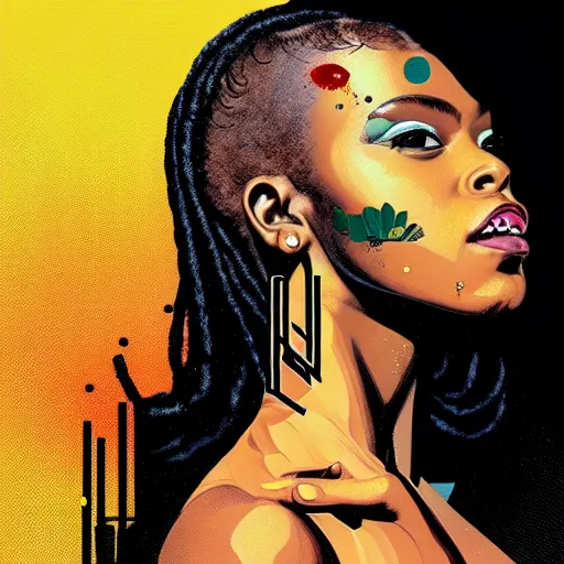 Image similar to portrait of a black woman :: side profile :: in ocean :: clockwork details :: gold :: blood and horror :: by vikings and Sandra Chevrier