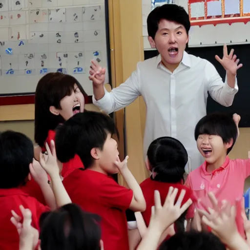 Prompt: professional photograph of yoon suk - yeol screaming at a group of children in a kindergarten classroom, very intricate, very detailed,