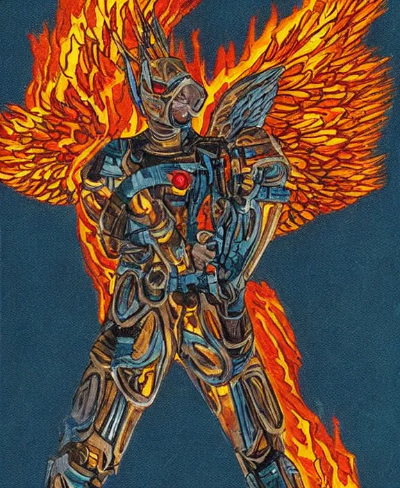 Prompt: a tarot card intricate of a fiery angel in a futuristic battle suit pointing directly at the viewer