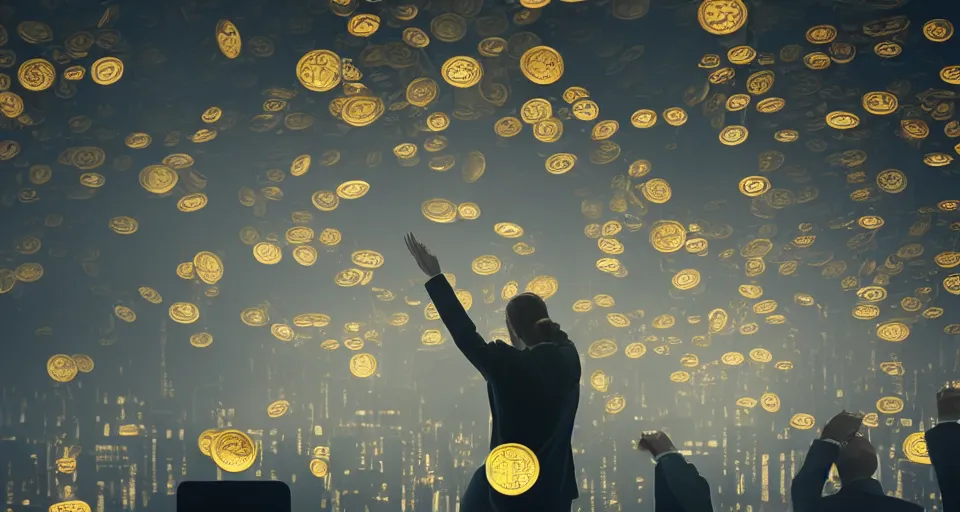 Image similar to Dramatic photo of a CEO waving to silhouettes of his coworkers in a futuristic office. Golden coins are levitating all around them. 8k, high detail, trending on Artstation, volumetric lighting, cyberpunk