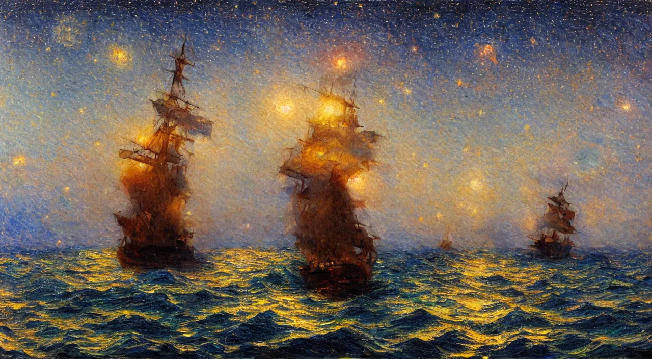 Prompt: an ironclad warship sailing through a sea of stars, oil on canvas, impressionism, intricate