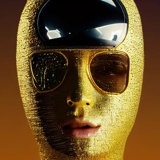 Prompt: A detailed close up portrait face of an editorial model wearing a reflective chrome wormhole massive helmet mask and black turtleneck and gold color blocks in Sand Dunes, 4K editorial award winning photograph by David Lachapelle