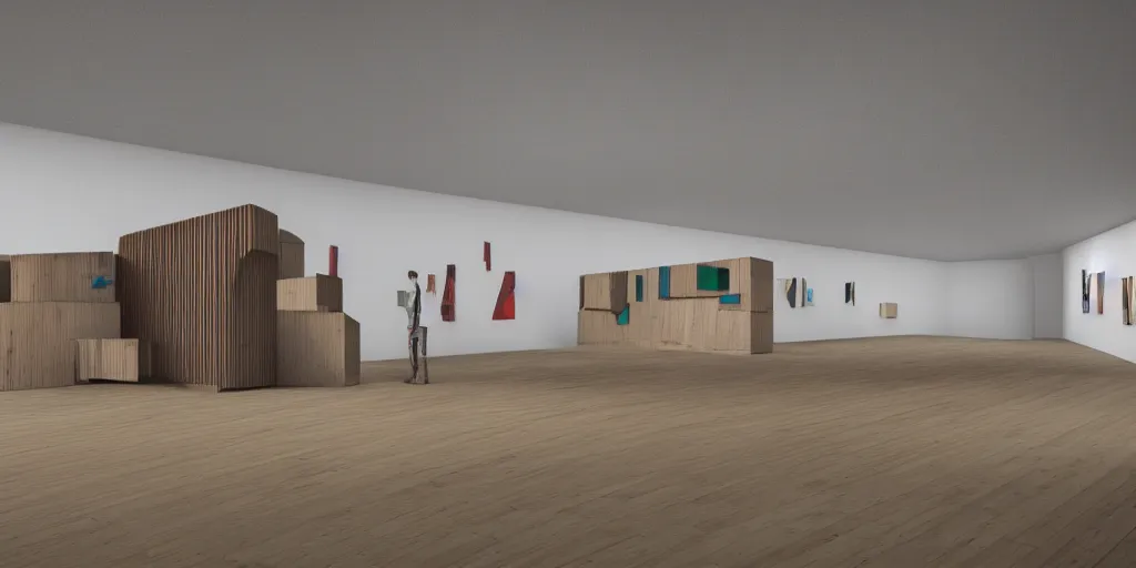 Prompt: a coloured 3 d octane model of a brutalism art gallery with wooden floor, highly detailed in the style of tim eitel