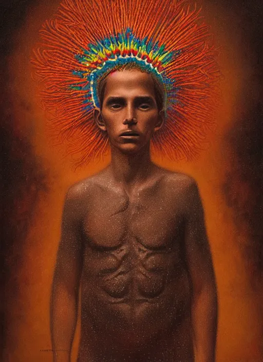 Image similar to portrait of a magical huichol boy in oaxaca mexico, by agostino arrivabene and tom bagshaw and manuel sanjulian