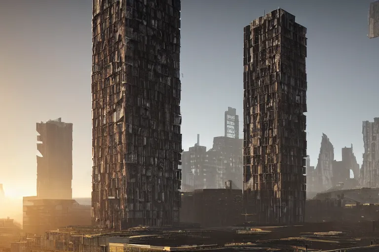 Image similar to streetscape, a towering cathedral of brutalist architecture, buildings covered with greebles, stunning volumetric light, sunset, metal, concrete and translucent material, stunning skies, majestic landscape, trending on Artstation, 8k, photorealistic, hyper detailed, unreal engine 5, IMAX quality, cinematic, epic lighting, in the style of Greg Rutkowski