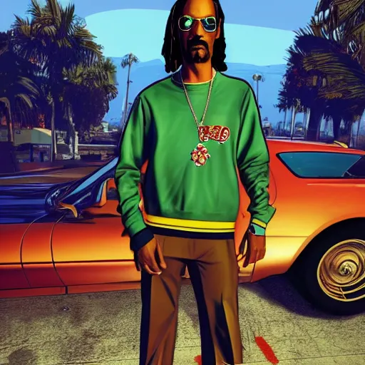 Image similar to snoop dog in gta v, cover art by stephen bliss, artstation, no text