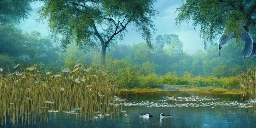 Image similar to a majestic blue heron in shallow river, waterfalls in distance, left border beautiful willow, right border cherry blosom trees, lily pads bullrushes marsh clouds, golden hour intricate luminescent matte painting, highly detailed, artstation