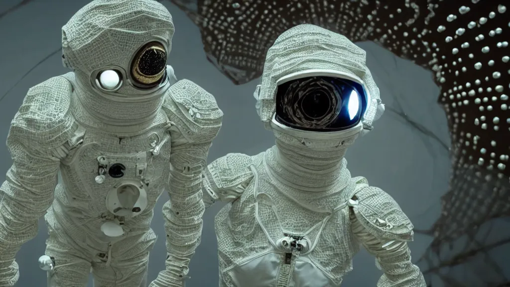 Image similar to a astronaut eva suit covered in diamond 3d fractal lace iridescent bubble 3d skin and covered with insectoid compound eye camera lenses floats through the living room, film still from the movie directed by Denis Villeneuve with art direction by Salvador Dalí, wide lens,