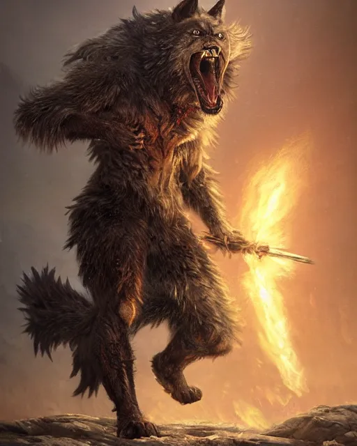 Prompt: oil painting of Angry Anthropomorphized Wolf Berserker, wearing fur armor, claws, sharp focus, attack pose, fantasy style, octane render, volumetric lighting, 8k high definition, by greg rutkowski, highly detailed, trending on art Station, magic the gathering artwork, burning Battlefield background, centered