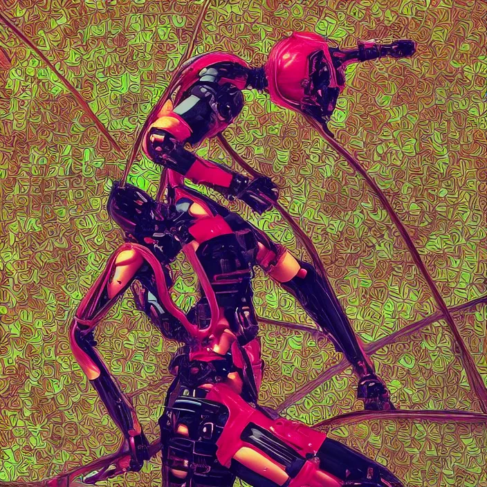 Prompt: a photograph of a miniature cyborg ninja made of fiberglass in the triadic ballet fractal pool party, 8 k, realistic, highly detailed, you only live once, disco backpack, art by todd mcfarlane, artgerm, alphonse mucha, hajime sorayama