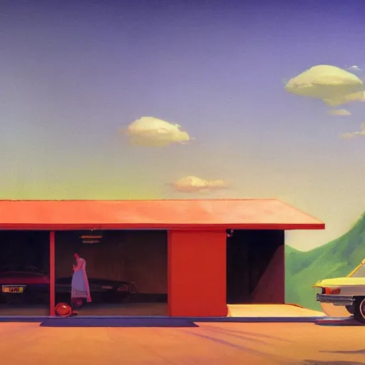 Image similar to a cinematic matte painting of a boxy 1 9 8 0 s sci - fi car with solar panels on roof and doors in a cluttered garage in india. by edward hopper, glennray tutor and greg rutkowski. trending on artstation.