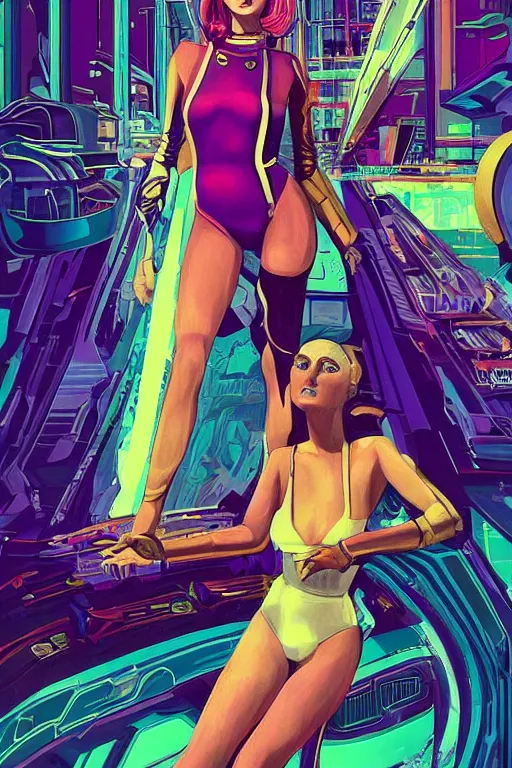 Image similar to attractive female android in feminine pose on a hyper-maximalist overdetailed retrofuturist scifi bookcover illustration from '70s. Inspired by vincent di fate. Biopunk, solarpunk style. Daytime