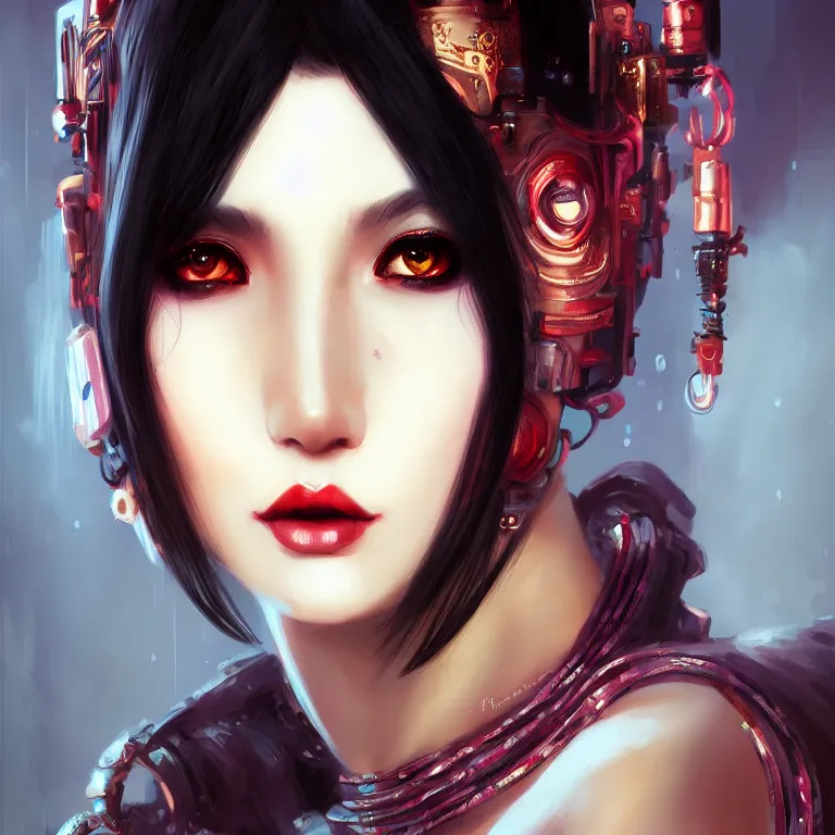 Prompt: oriental fantasy fashion girl portrait, flirtatious eyes, grin, cyberpunk, glossy eyes, face, short hair, fantasy, intricate, androgynous, highly detailed, digital painting, artstation, concept art, smooth, sharp focus, illustration