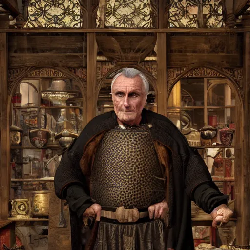 Prompt: full body portrait of Dennis hopper as a devious medieval lord standing on the right inside a big medieval Shop with tall windowpane, shelves full of medieval goods, morning light, trending on artstation, style of midjourney, unreal engine, octane render, intricate details, 8k high definition, beauriful, ornate, hyperrealistic